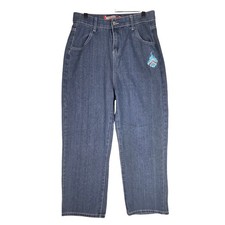 JNCO HONEST EMBROIDERED DENIM JEANS BLUE SKULL FLAME GRAPHIC - MEN'S SIZE MEDIUM