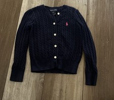 RALPH LAUREN POLO CARDIGAN SWEATER NAVY BLUE CABLE KNIT GIRLS SIZE 4