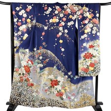 Vintage Japanese Furisode Kimono Blue Floral River Gold Silk from Japan
