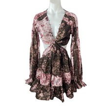 ASOS Voile Pink Brown Floral Striped Twist Front Cutout Fit & Flare Mini Dress 6