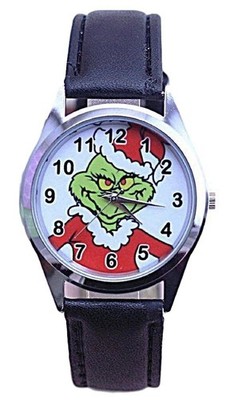 Grinch Christmas Character Black Leather Band Wrist Watch