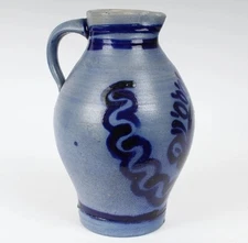 LARGE SALT GLAZED- Stoneware Pottery WESTERWALD Pot Cobalt Blue Antique/ PITCHER