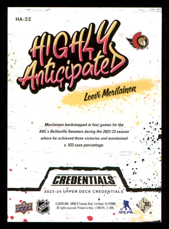 2023-24 Upper Deck Credentials Highly Anticipated #HA32 Leevi Merilainen - Image 2 of 2