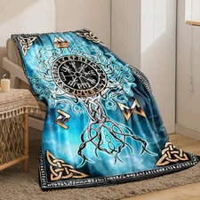 Viking-Themed Flannel Fleece Blanket - Nordic Runes and Geometric Throw Blanket