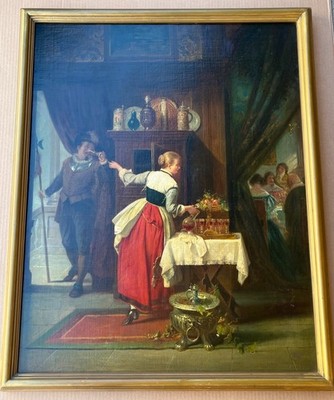 Large 19th Century Aristocratic interior genre scene oil painting on canvaspanel