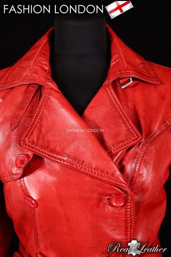 VENICE Ladies Red Leather TRENCH COAT Belted Stylish Long Jacket Classic Coat - Picture 7 of 12
