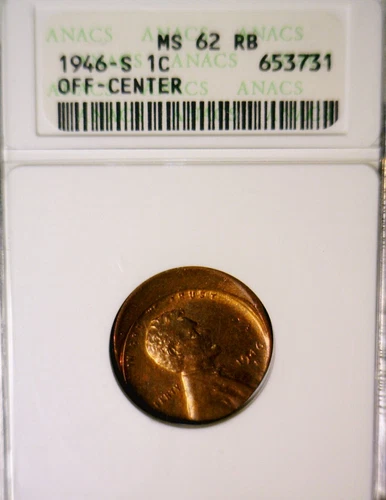 1946s ERROR ANACS MS62 Off Center Lincoln Wheat Cent Coin NICE Early BU + O/C