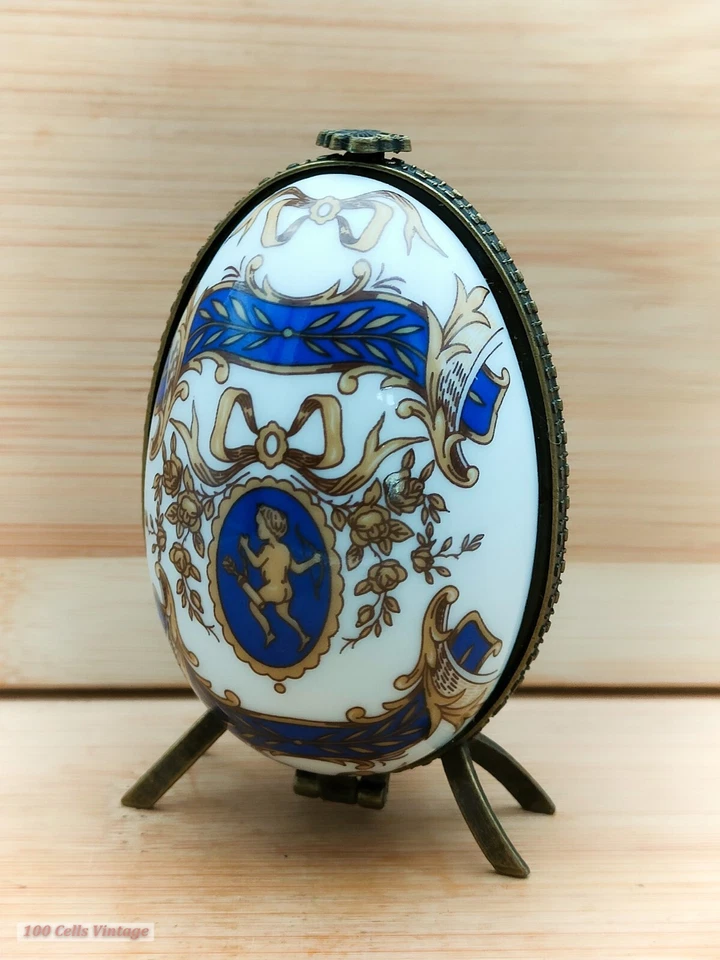 Limoges Egg/Bottle Holder-Blue/White-8.5cm-Vintage Trinket/Pill/Jewellery Box - Image 3 of 4