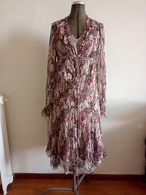 Blumarine Damen Kleid 100% Seidenchiffon beige schwarz rose 36