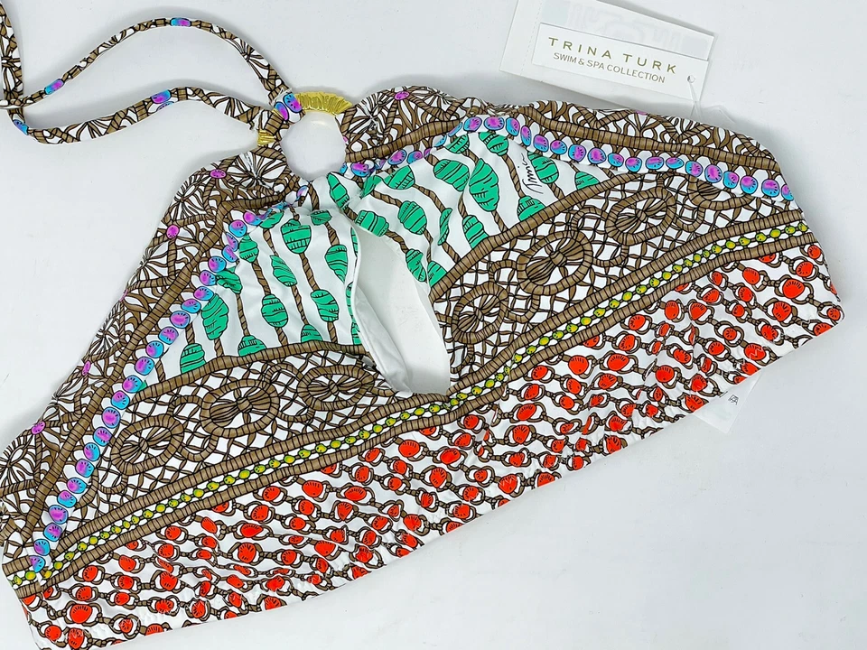 Top de Natación de Bikini Trina Turk Macramé Halter, EE. UU. 10 Cerradura Anillo Cuello Alto Nuevo con Etiquetas Foto 2 de 4