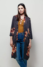 Free People Floral Printed Slim Kimono Size Small Charcoal Gray Duster Cardigan