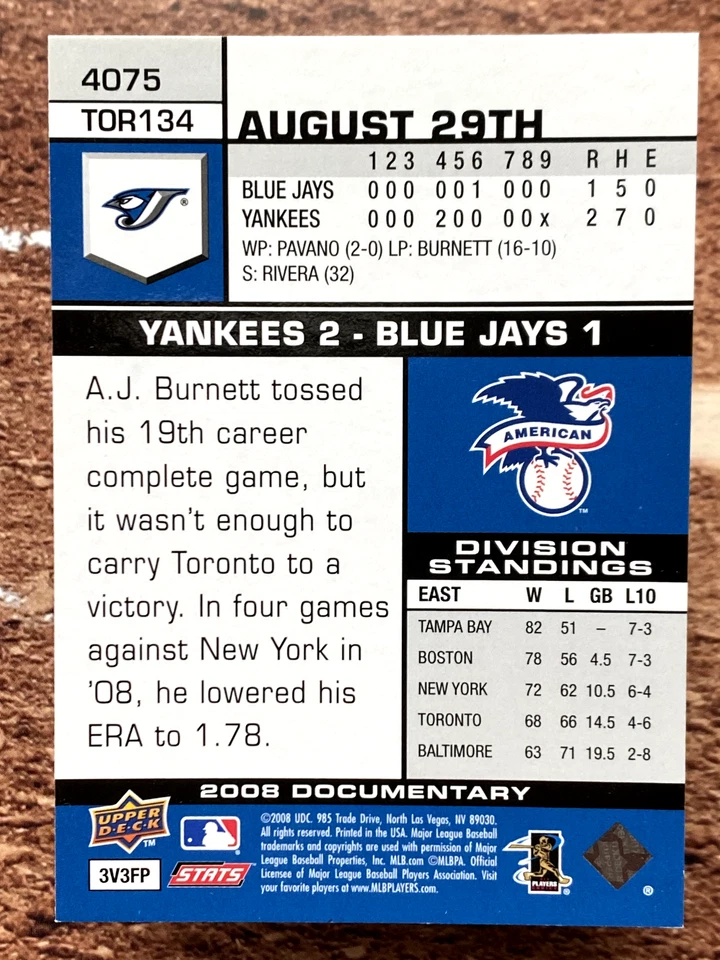 2008 Upper Deck Documentary A.J. Burnett #4075 - Image 2 of 2