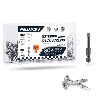 304 Stainless Steel Deck Screws #8×1'' 100 PCS T25 Torx Flat Head for Wood