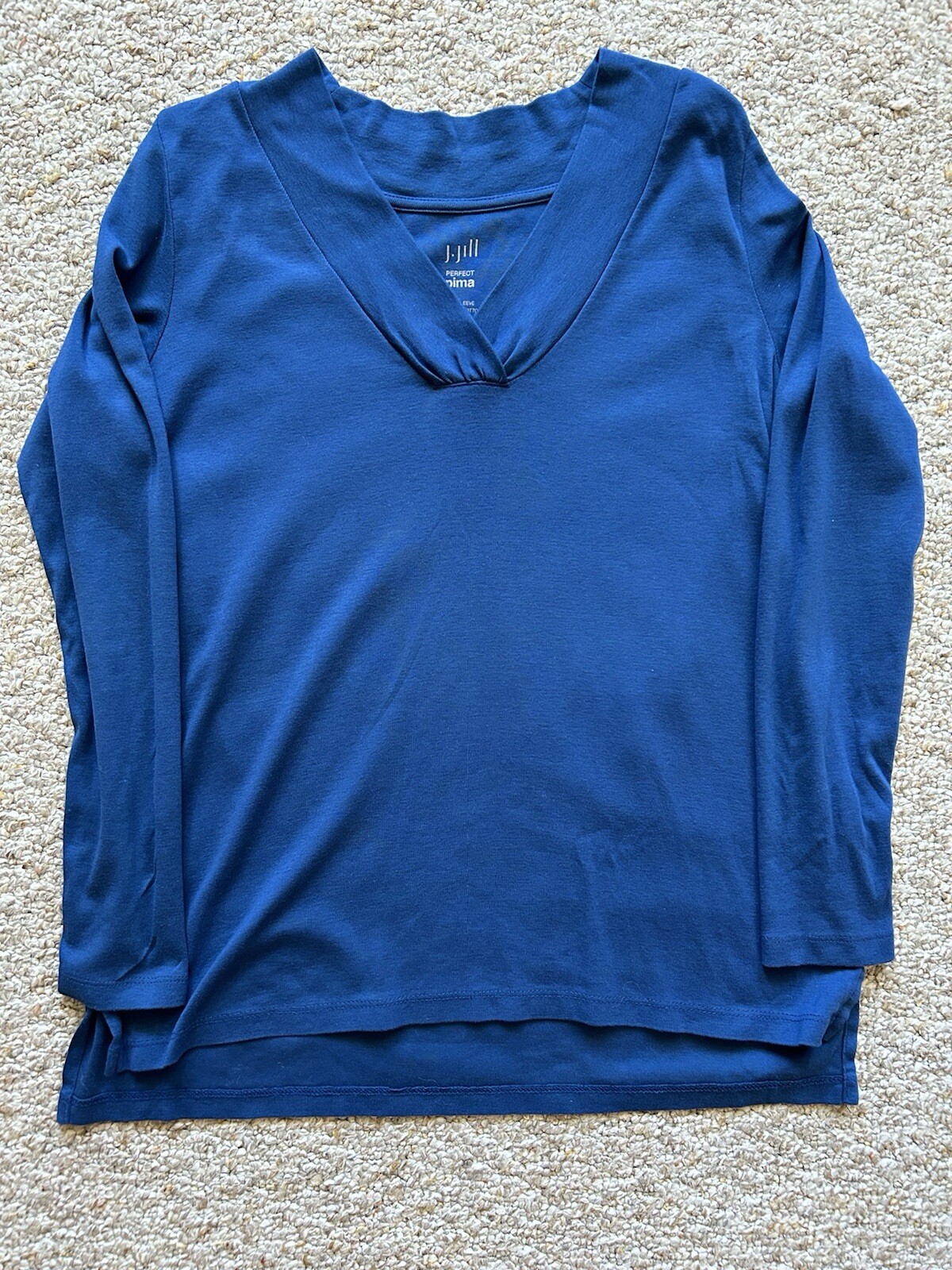 J Jill Women's Top Small Blue Shirt 100% Perfect Pima Cotton V Neck Long Sleeve