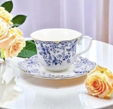 Lovely Country Roses Bone China White W/ Blue Roses Cup  Saucer Set Gold Trim