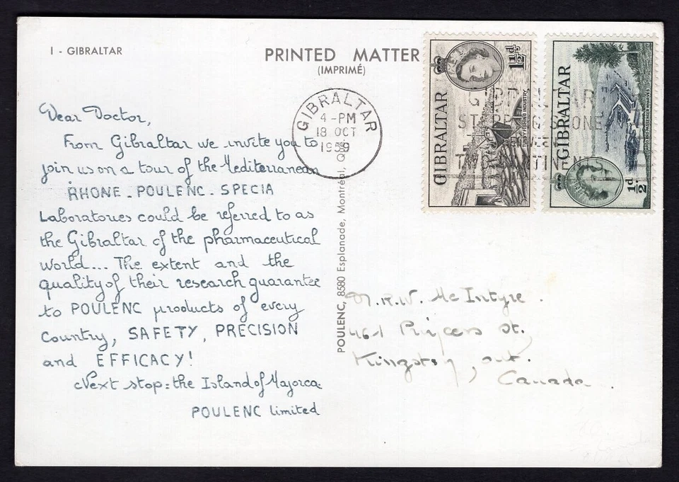 Postal publicitaria médica de Gibraltar 1959 Poulenc Querido Doctor a Canadá. Mapa Foto 2 de 3