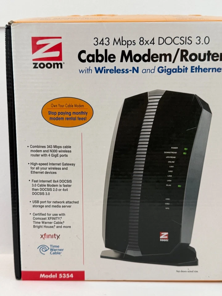 Zoom 8x4 DOCSIS 3.0 343 Mbps 802.11ac Cable Modem Router Model 5354. open box - Image 2 of 4
