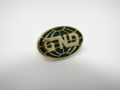 Vintage GND Lapel Pin Gold Tone Green Enamel Globe World Oval Hat Pin Badge