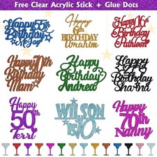 Personalised Glitter Cake Topper Happy Birthday Any Age Name 50th 60th 70th 80th