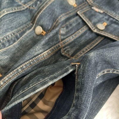 BURBERRY LONDON Denim Jacket Men Vintage Indigo Nova Check Leather