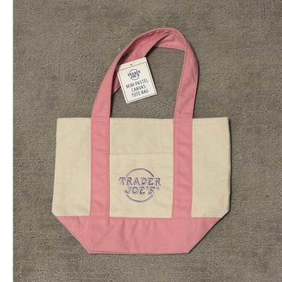 NWT Trader Joe's Mini Reusable Canvas Shopping Tote Bag Pink/Beige Logo Pattern