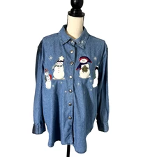 VTG CJ Banks Denim Shirt Womens 18W Button Up Long Sleeve Snowman Winter Holiday
