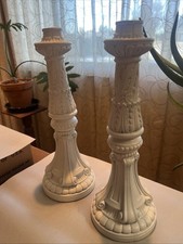Vintage Ceramic Candlesticks Pair White Ornat...