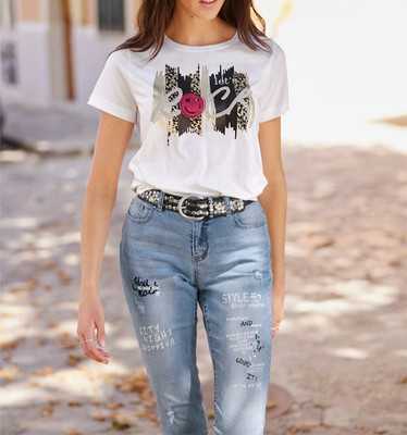 590101- Heine Damen T-Shirt Shirt Leo-Print ecru grau pink NEU Gr. 36 - 48