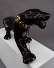 VINTAGE MCM CERAMIC BLACK PANTHER FIGURINE COLORFUL GOLD COLLAR 17" LONG W/CHAIN — photo 7