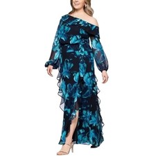 XSCAPE Blue Evening Gown Floral Chiffon Ruffled One Shoulder Maxi Dress Size 14W