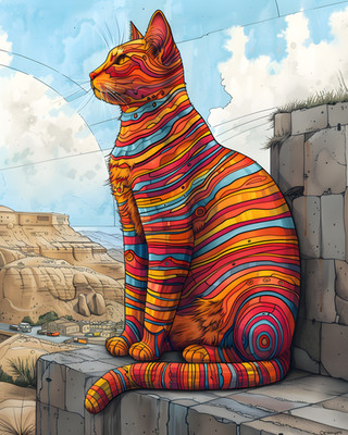 8x10 Cozy Storybook Cat Sitting on Ledge Sky Background Art Print - 432047867