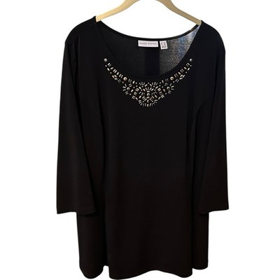 Susan Graver Black Liquid Knit Fit And Flare Tunic Top Gold Bling Plus 1X