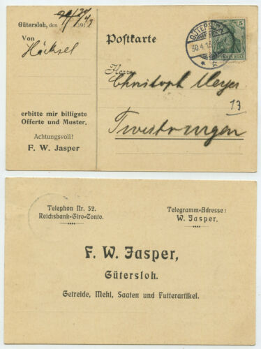 55724 - Postkarte - F.W. Jasper - Gütersloh 30.4.1913 nach Twistringen - Bild 1 von 1