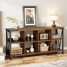 8-Cube Storage Organizer, 62 Inch Farmhouse Bookshelf, Horizontal Wood Bookcase