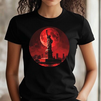 Frauen T-Shirt Freiheitsstatur Roter Mond Motiv Baumwolle Größe S bis 3XL