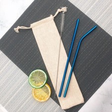 3pc Premium Stainless Steel Metal Blue Reusable Straw Brush & Eco Travel Bag Set