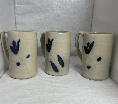 3 Mugs Cobalt Blue Tulip Salt Glazed Stoneware Coffee Tea Pottery 5” T Vintage 