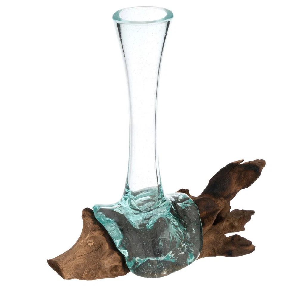 Handgemachte mundgeblasene Wurzelholz-Glasvase Blumenvase Wurzel Teak 25cm - Bild 3 von 4