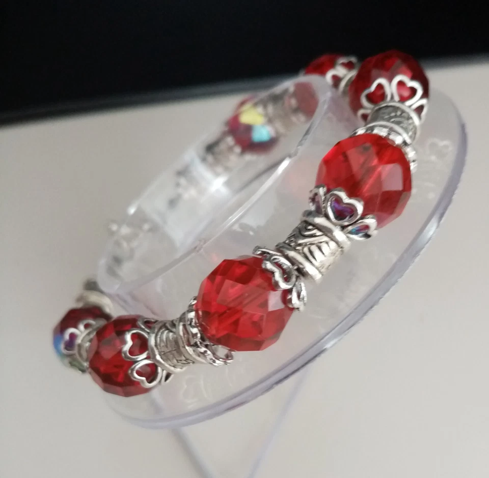 Perlen Armband böhmische Kristalle rot mit Tibet Perlen 21 cm - Bild 3 von 4