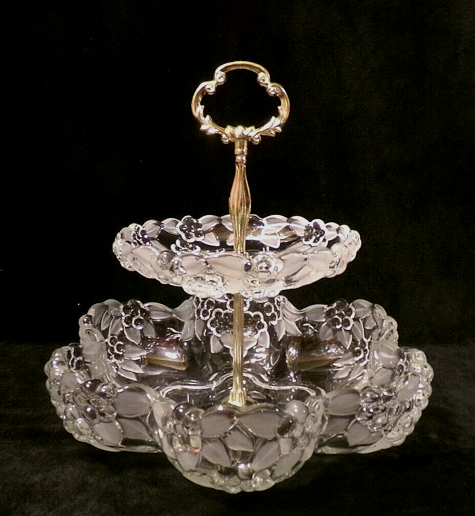 VINTAGE MIKASA WALTHER CRYSTAL 2-TIER SERVING TRAY w/SCROLL HANDLE