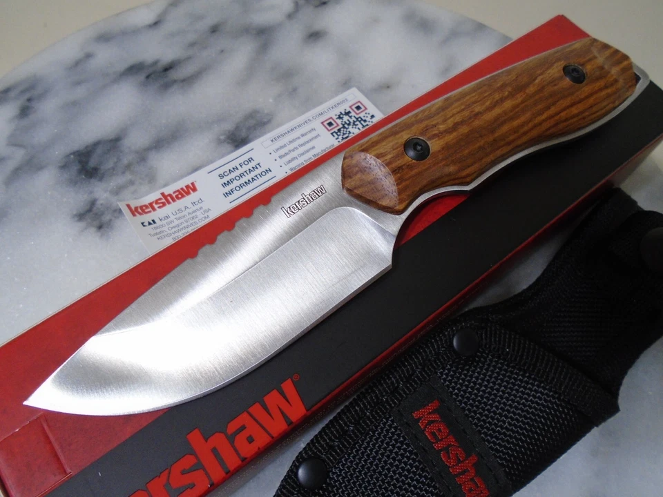 Cuchillo cazador Kershaw Halt Full Tang hoja fija desollador 1417 mango de madera nuevo Kai Foto 4 de 4