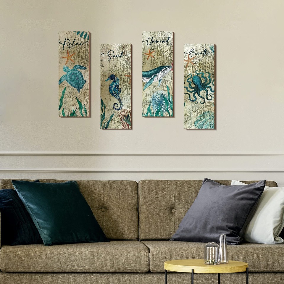 4 Pieces Beach Bathroom Decor Wall Sign Art Ocean Decor Sea Turtle Wall