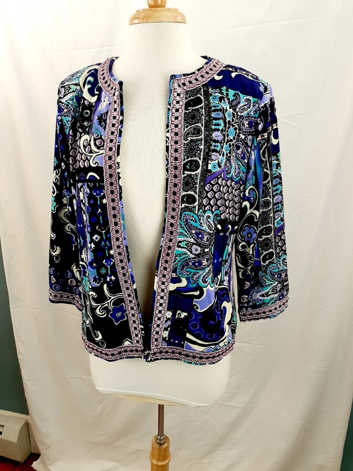 Blazer Jersey Joan Rivers Para Mujer Talla M Púrpura Rosa Paisley Frente Abierto Manga 3/4 Foto 2 de 4