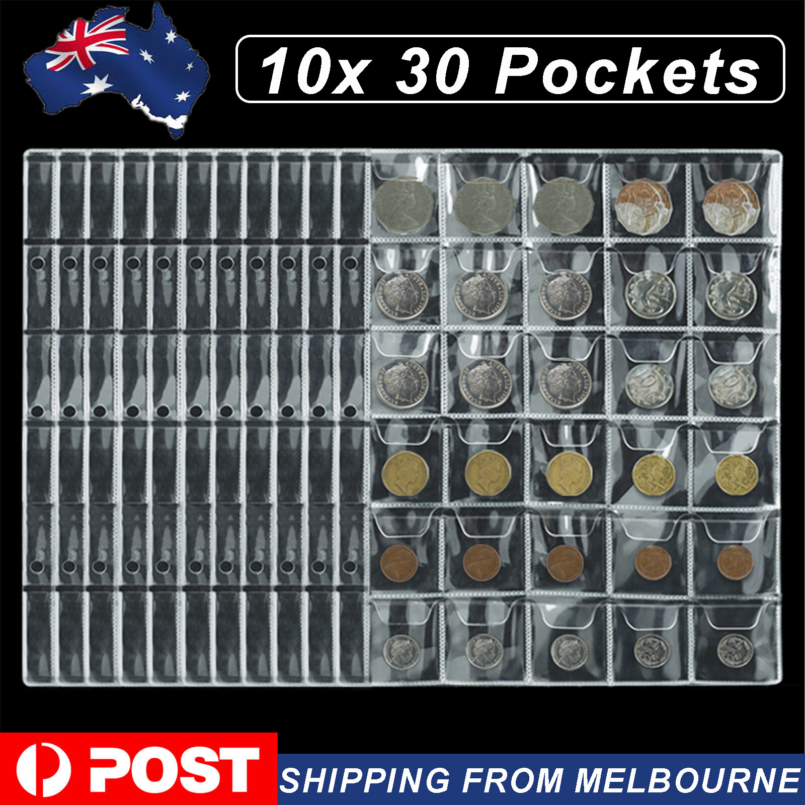 10x 30 Pockets Coin Holder Folder Pages Sheets For Collection Album