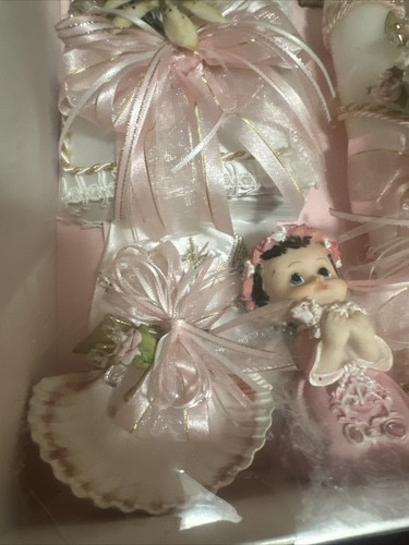 Pink White Angel Baptism Candle Set Kit for Christening Girl sheep Shell Spanish - Picture 7 of 11