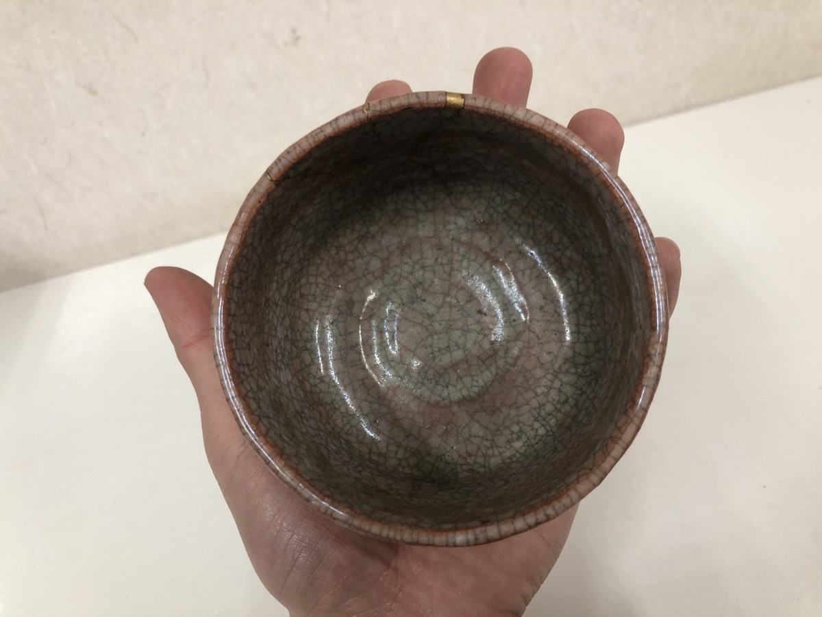 Y3939 CHAWAN Ofuke-ware kintsugi Aoi crest Japan antique tea