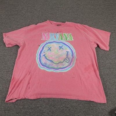 Nirvana Shirt Mens S/M Pink Nevermind Smiley Face Distressed Band Graphic Tee