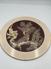 Vintage Cork 10” Trivet Hot Pad MCM Retro Asian Style Trees Beige Brown