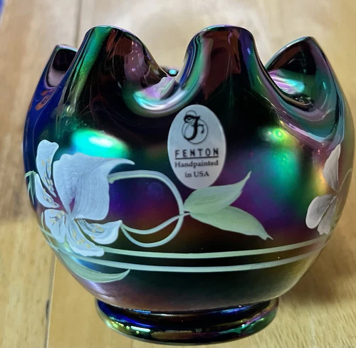 Fenton Rose Bowl, Iridescent Purple, Floral, Hand Painted by B Fluharty