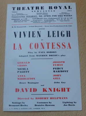 Vivien Leigh La Contessa Newcastle Theatre Premier FLYER 1965